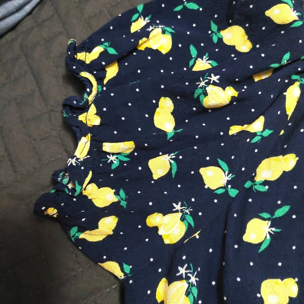 Talbots Shirt Dress 14 Navy Yellow Lemons Button Front Belted Midi Cottage Core - Picture 8 of 12